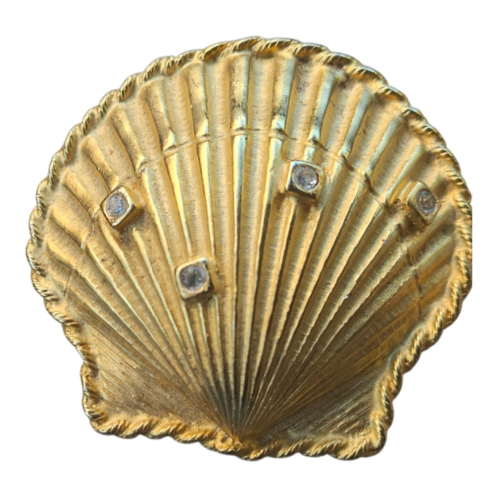Vintage 1990s Matte Gold Tone Crystal Sea Shell Brooch.